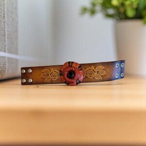 Leather Cuff Bracelet Wide Arm Band Statement Flower  Guang Tong Snaps 70s